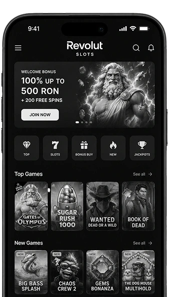 Mobile App des Online-Casinos Revolut Slots auf einem Smartphone